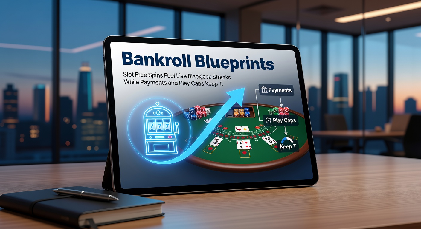 Illustration of a balanced bankroll meter with slot free spins pouring into live blackjack action, flanked by payment gateways and stake limit sliders