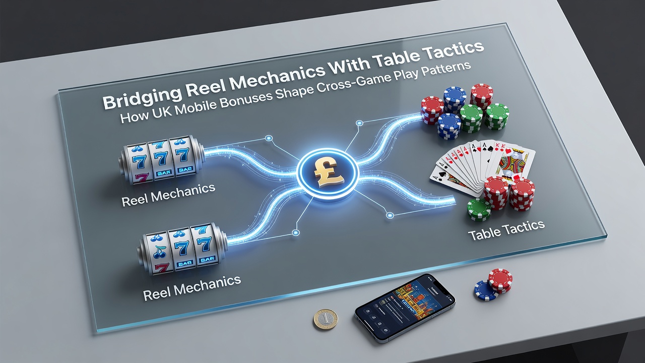 Split view of a smartphone displaying slot reels on one side and blackjack table on the other with shared bonus meter