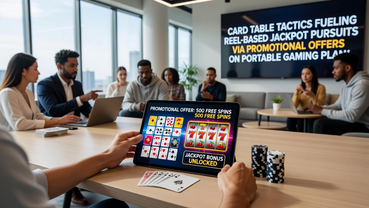 Mobile gaming screen showing promotional offers connecting card tactics to slot jackpots