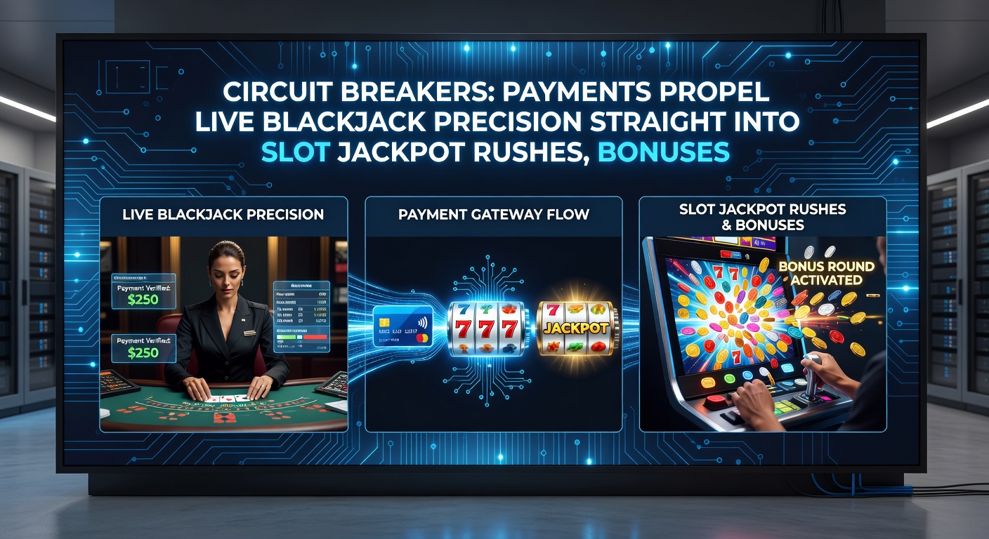 Close-up of a mobile screen showing live blackjack hand transitioning to a slot jackpot explosion, overlaid with payment icons and circuit breaker alerts