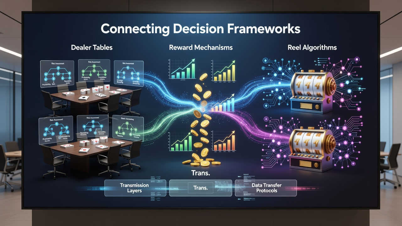 Close-up of transaction flow diagram on smartphone screen showing reward credits moving from blackjack decisions to slot reel adjustments