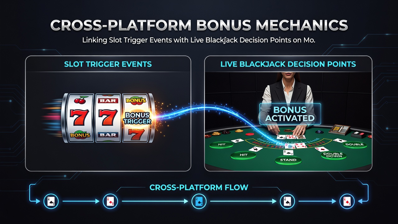 Live blackjack table on mobile with overlaid bonus indicators from linked slot triggers