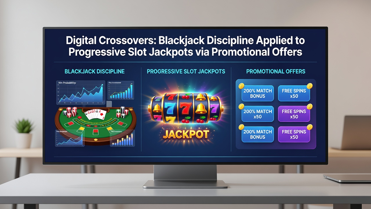 Split-screen view showing a blackjack table on one side and a progressive slot meter climbing on the other, with bonus offer pop-ups and strategy notes visible