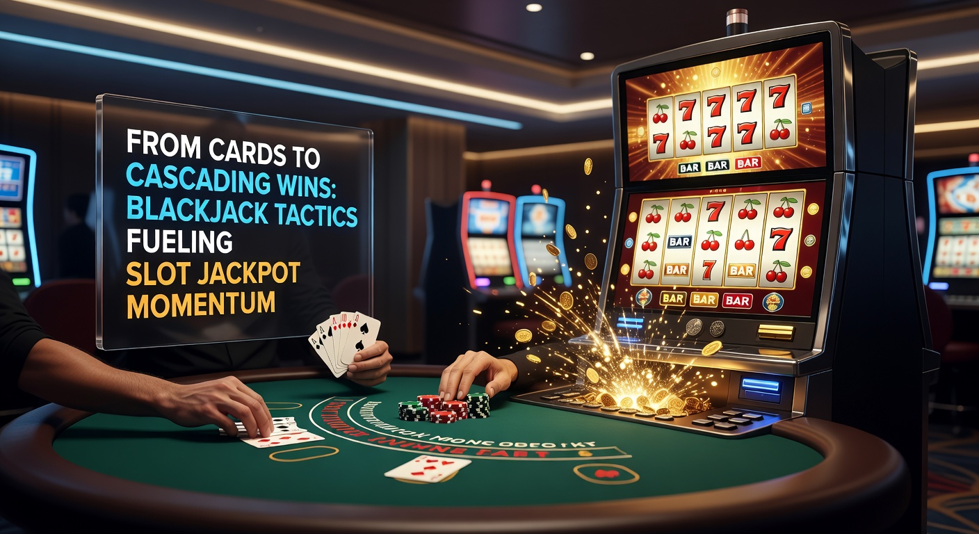 Dynamic slot screen showing cascading symbols exploding into a massive jackpot win, with blackjack cards faintly overlaid to represent tactical influence