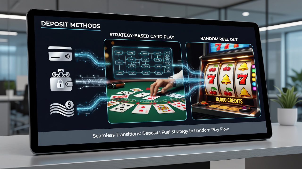 Close-up of a smartphone screen displaying instant deposit confirmation between blackjack table and slot reels