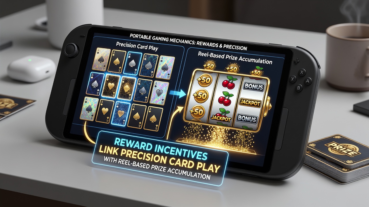 Close-up view of portable screen showing reward meter linking card outcomes to reel prize counters