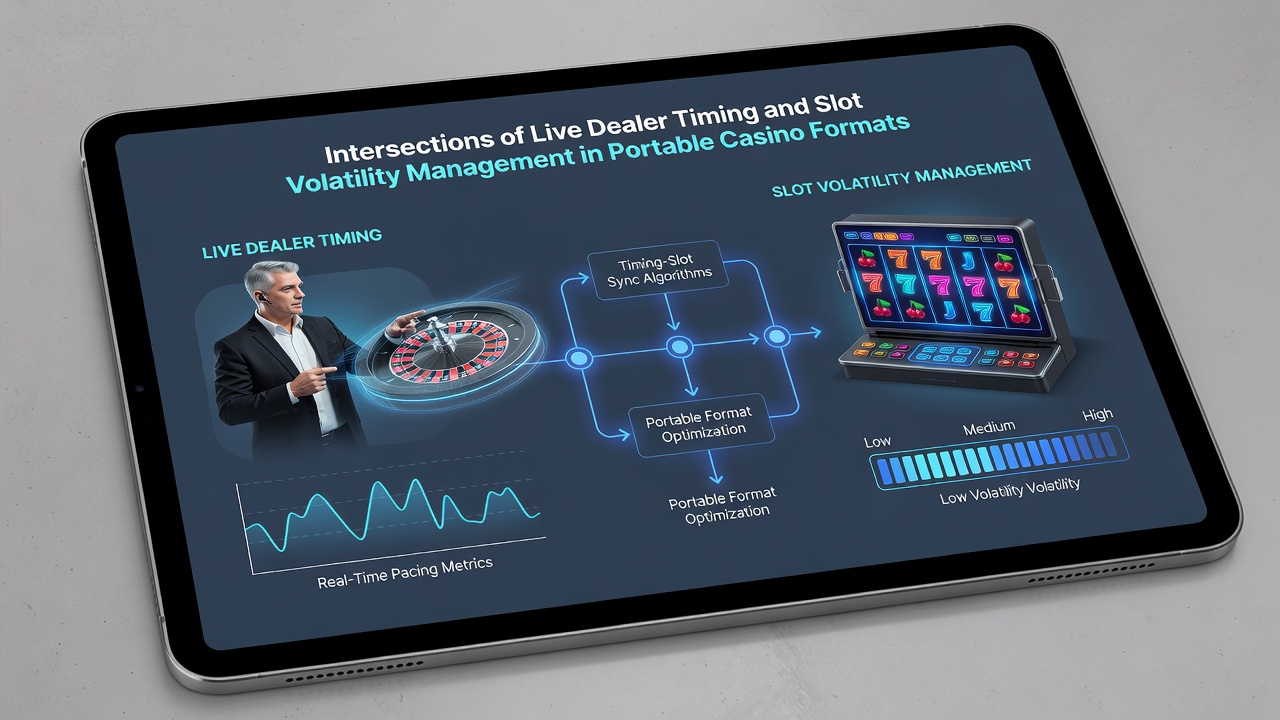 Split-screen mobile view of live dealer timing overlay and slot volatility adjustment panel