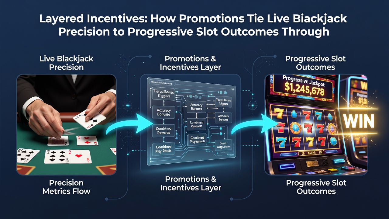 Detailed view of transaction flows adn play control interfaces linking blackjack strategy to slot jackpot progressions