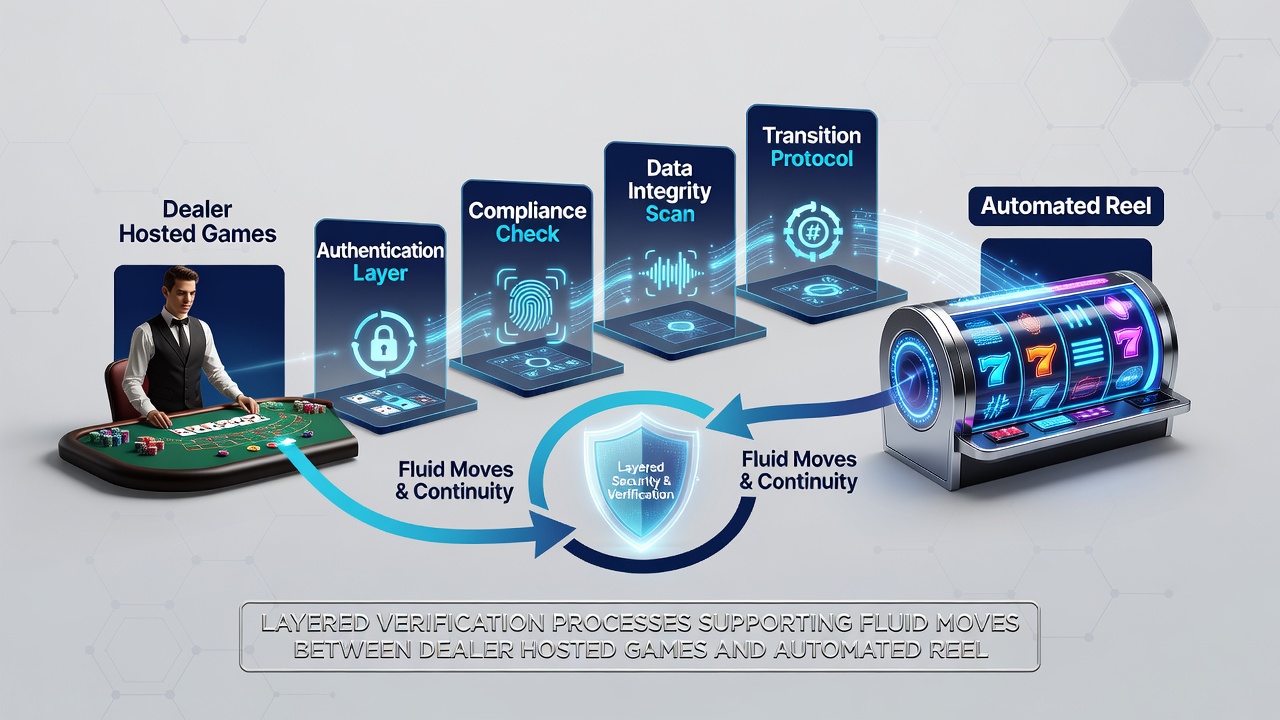 Illustration of a player interface transitioning from a live dealer blackjack table to digital slot reels with verification overlays