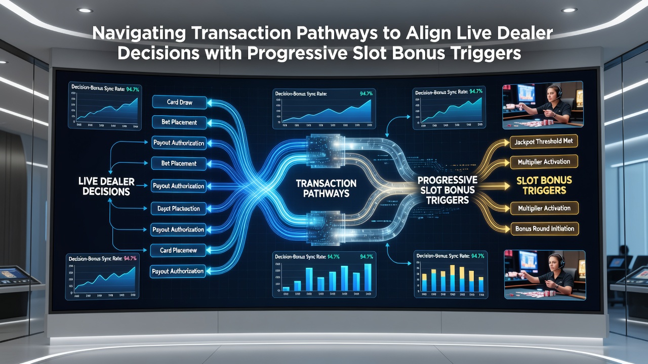 Illustration of aligned live dealer interface and progressive slot bonus meter connected through transaction flow arrows