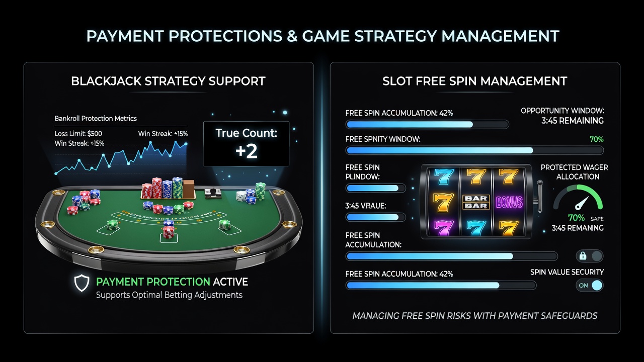 Mobile payment dashboard showing free spin allocation limits and blackjack stake controls with security indicators