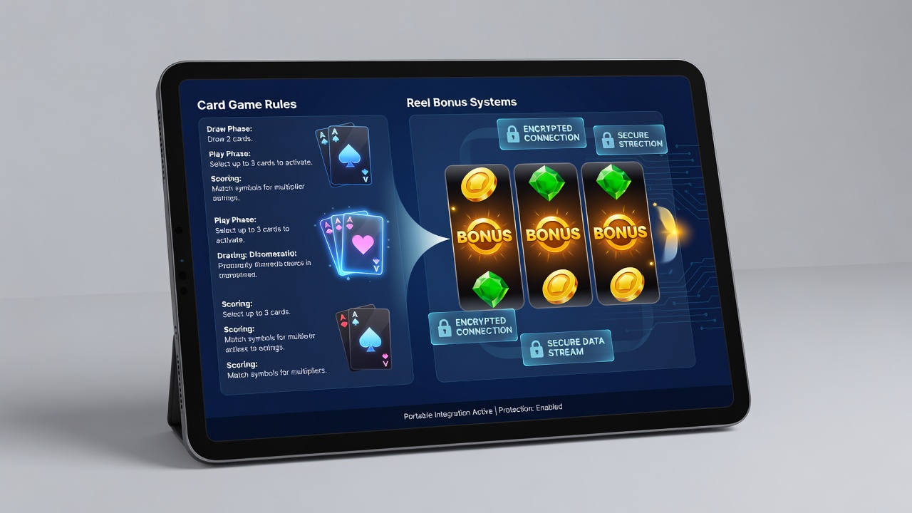 Close-up of secure mobile interface displaying card mechanics integrated with slot reel bonuses and encryption indicators