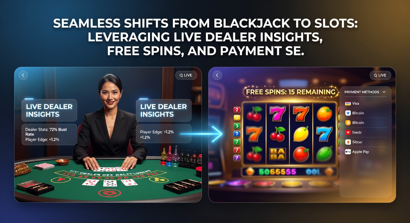 Close-up of live dealer blackjack action transitioning to exploding slot free spins with secure payment icons overlayed