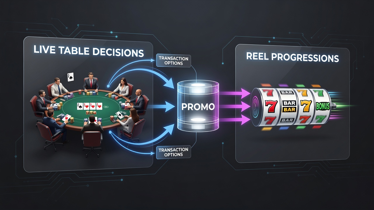 Slot reel progressions linked to live table decisions through transaction flows and bonus layers